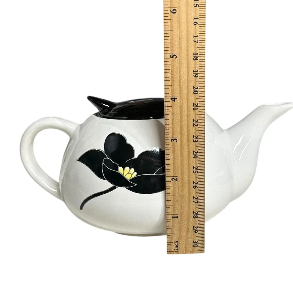 VTG Furama Ceramic Teapot Floral Black Lid White Flower Design Kitchen MCM Decor